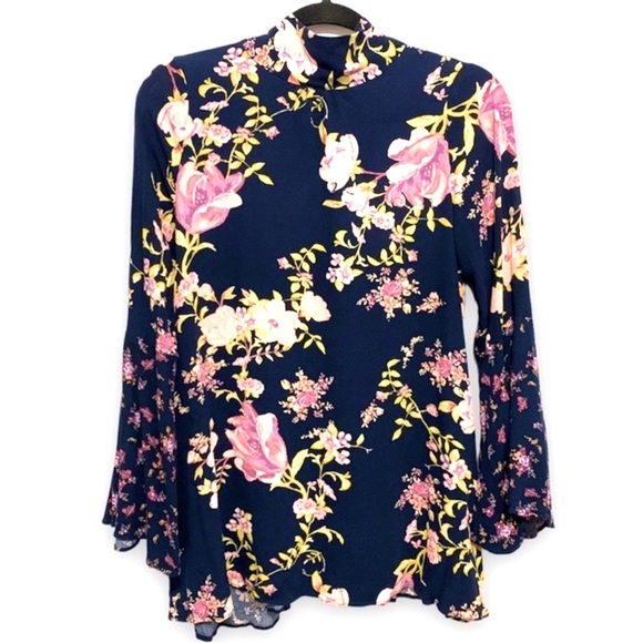 Free People Tops - Free People Navy Blue Floral Print Mock Neck Bell Sleeve Tunic